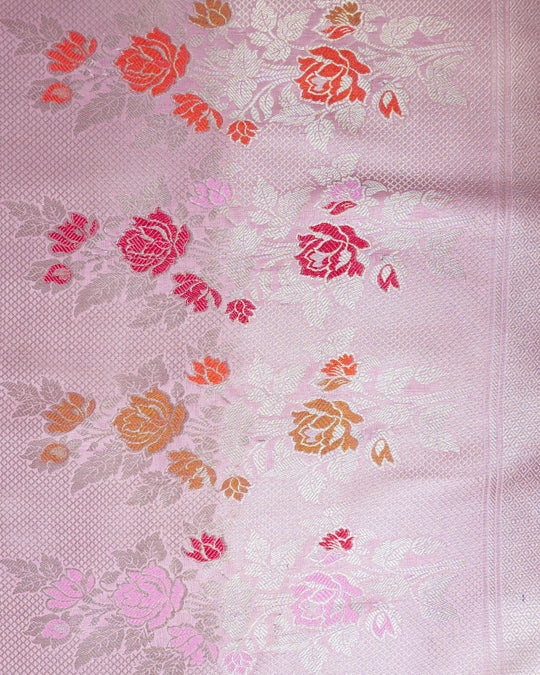 Mauve Pink Pure Banarasi Saree with Multi - color Floral Meenakari Accents - katansi