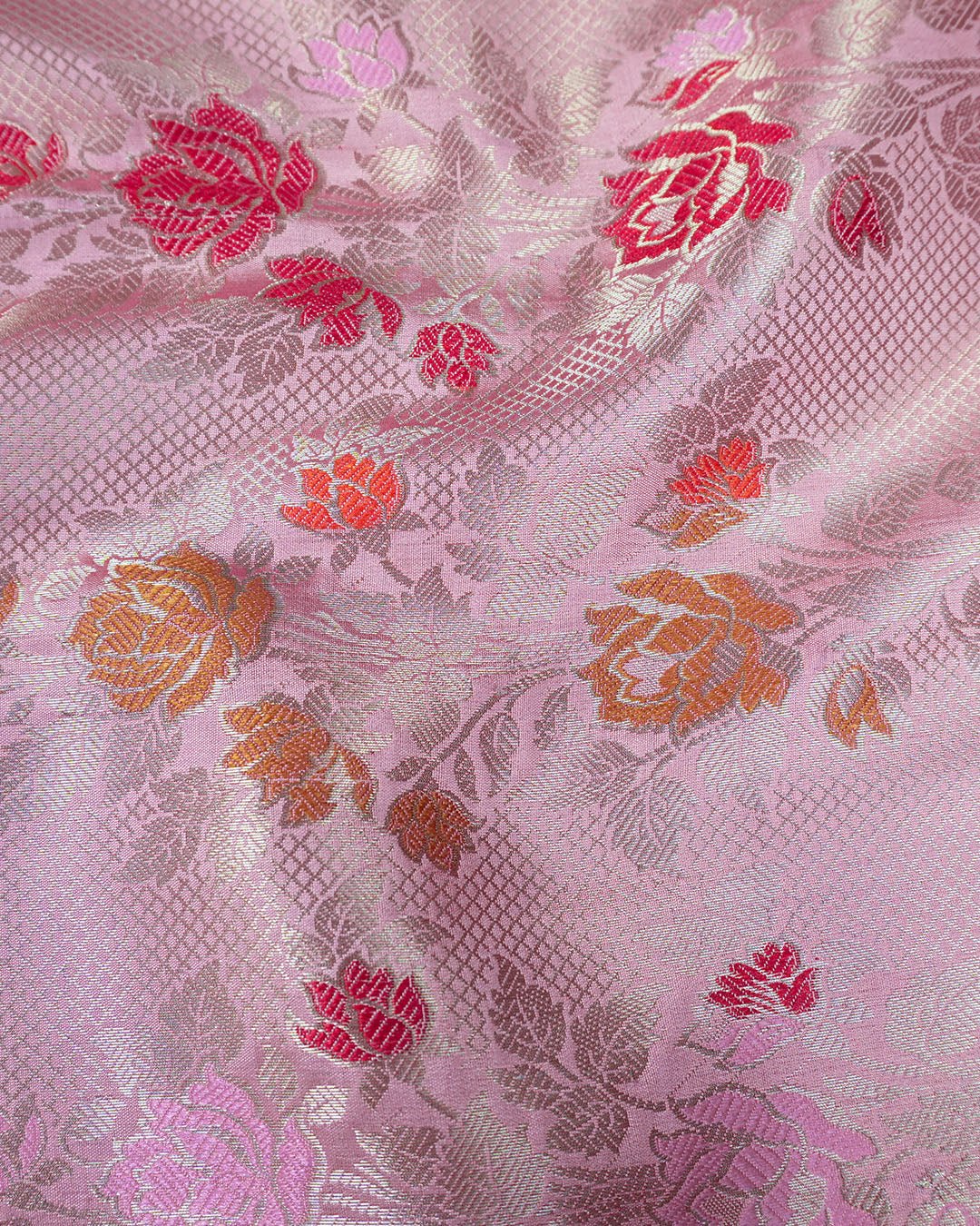 Mauve Pink Pure Banarasi Saree with Multi - color Floral Meenakari Accents - katansi
