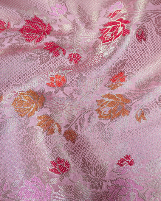 Mauve Pink Pure Banarasi Saree with Multi - color Floral Meenakari Accents - katansi