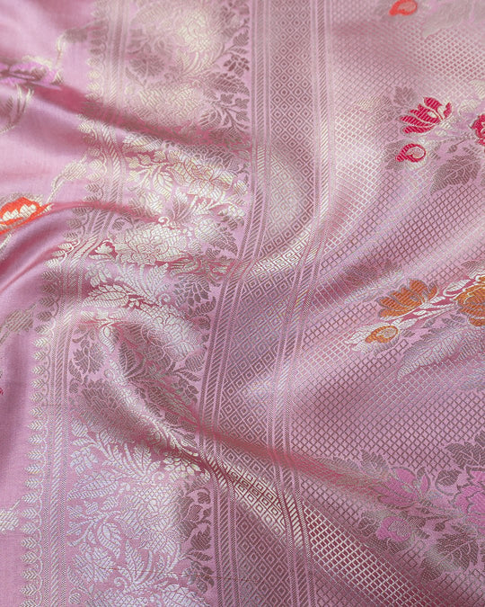 Mauve Pink Pure Banarasi Saree with Multi - color Floral Meenakari Accents - katansi