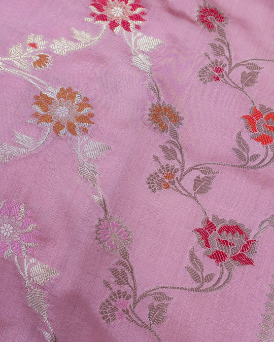 Mauve Pink Pure Banarasi Saree with Multi - color Floral Meenakari Accents - katansi