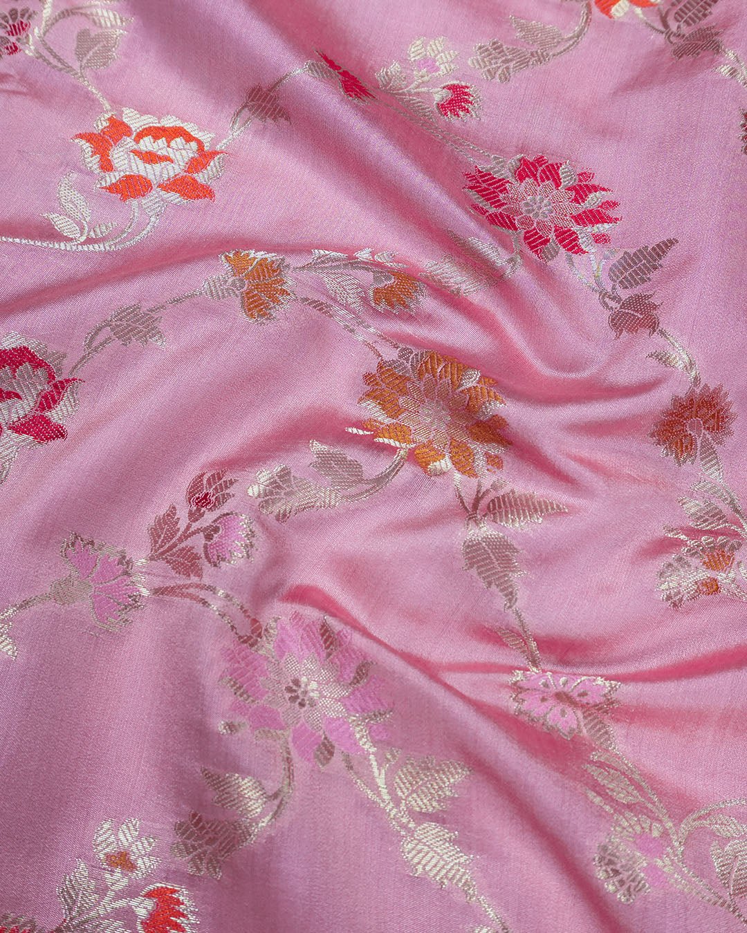 Mauve Pink Pure Banarasi Saree with Multi - color Floral Meenakari Accents - katansi