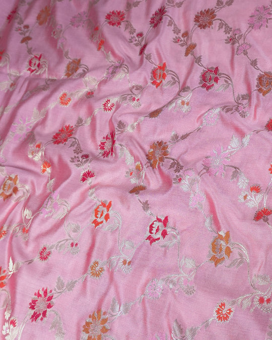 Mauve Pink Pure Banarasi Saree with Multi - color Floral Meenakari Accents - katansi