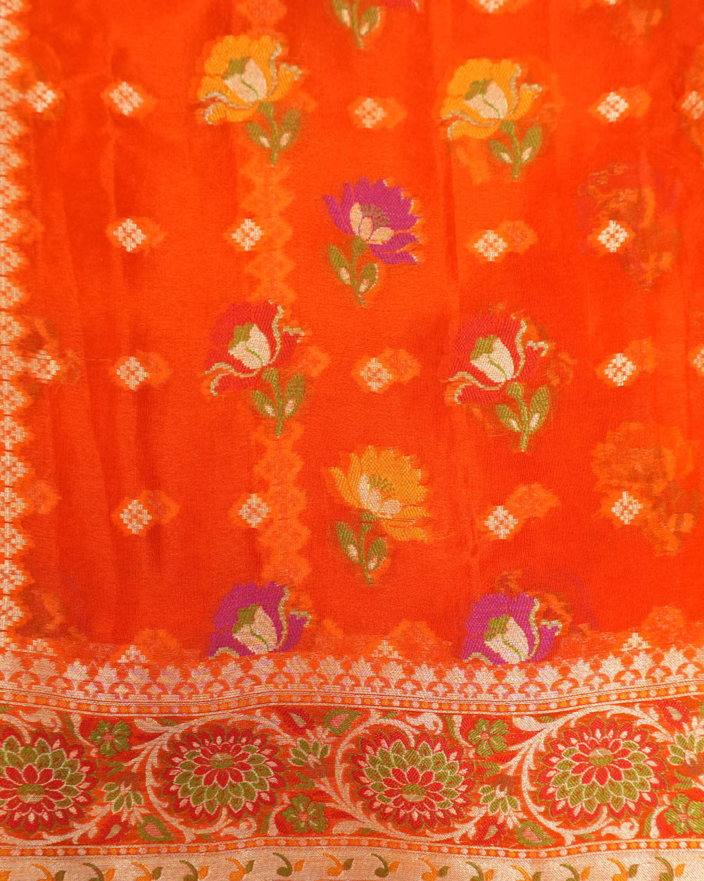 Orange Pure Chiffon Saree with Multi-color Meenakari Weaves