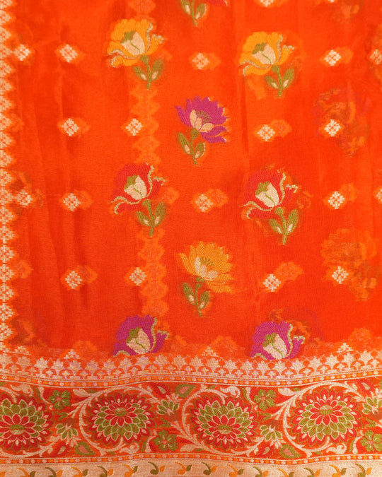 Orange Pure Chiffon Saree with Multi-color Meenakari Weaves
