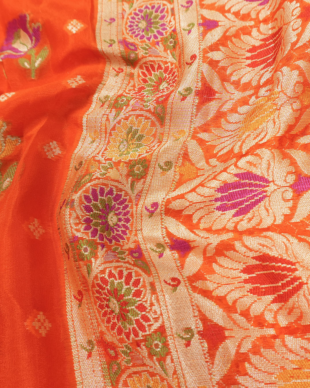 Orange Pure Chiffon Saree with Multi-color Meenakari Weaves