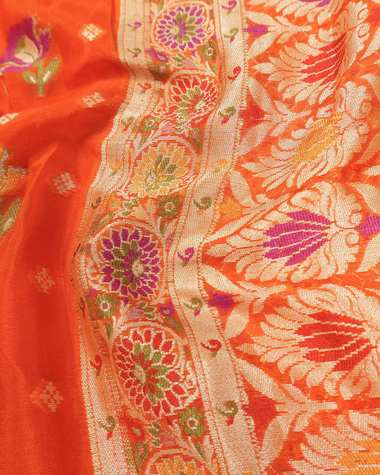 Orange Pure Chiffon Saree with Multi-color Meenakari Weaves