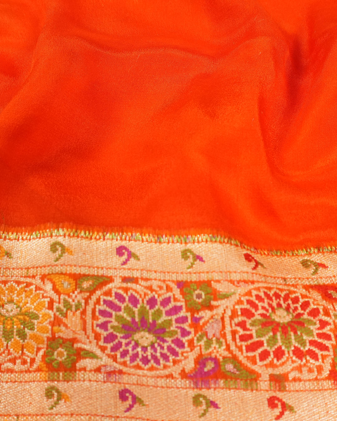 Orange Pure Chiffon Saree with Multi-color Meenakari Weaves