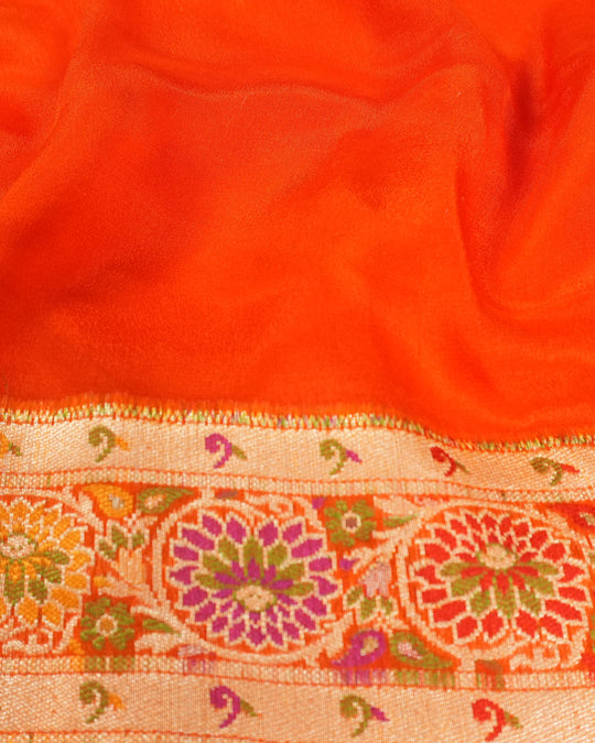 Orange Pure Chiffon Saree with Multi-color Meenakari Weaves