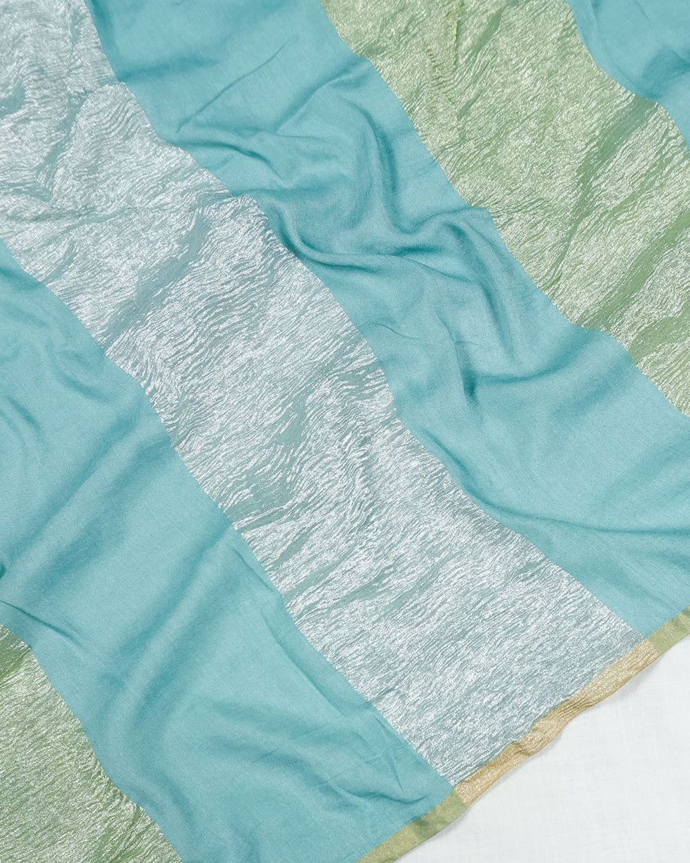 Turquoise Pure Muga & Tissue Saree with Stripe Weaves and Refined Minimal Border
