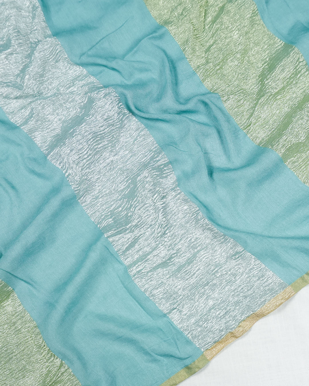 Turquoise Pure Muga & Tissue Saree with Stripe Weaves and Refined Minimal Border