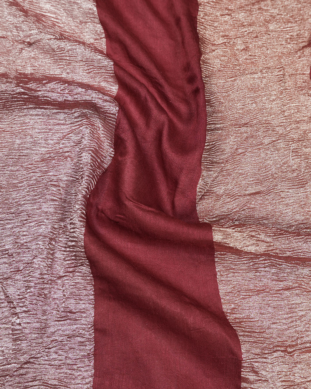 Maroon Pure Muga Tissue Saree Stripes Weaves and Modern Crinkle Texture