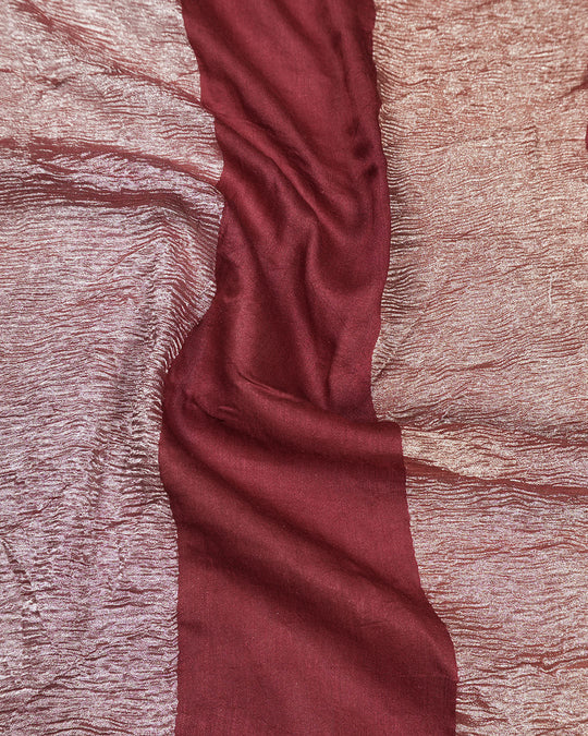 Maroon Pure Muga Tissue Saree Stripes Weaves and Modern Crinkle Texture