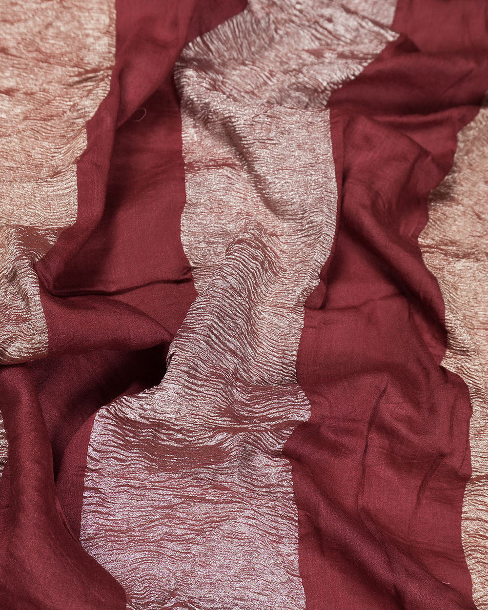 Maroon Pure Muga Tissue Saree Stripes Weaves and Modern Crinkle Texture