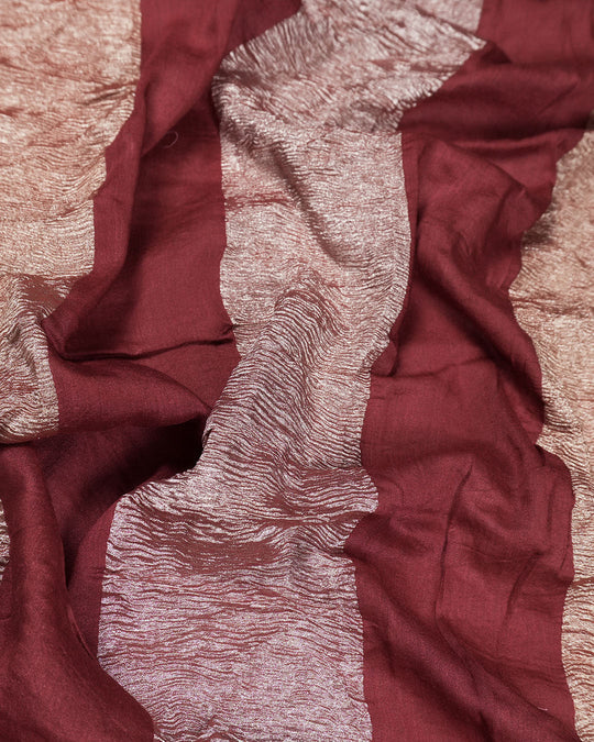 Maroon Pure Muga Tissue Saree Stripes Weaves and Modern Crinkle Texture