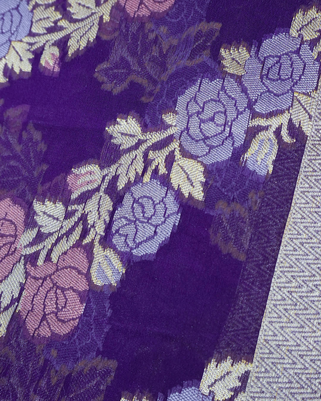 Purple Pure Chiffon Saree with Luxurious Floral Stripe Weaves