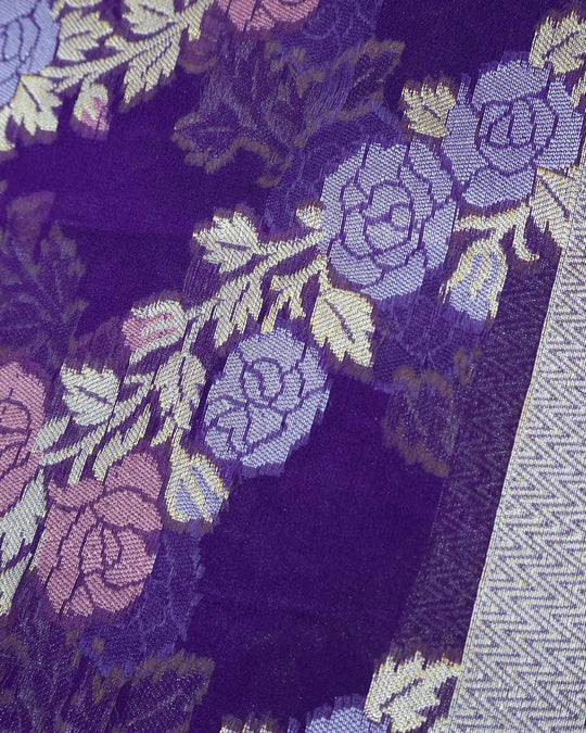 Purple Pure Chiffon Saree with Luxurious Floral Stripe Weaves