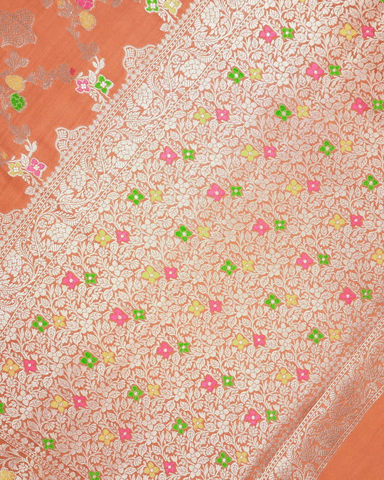 Rust Orange Pure Banarasi Saree with Floral Jaal and Vibrant Meenakari Weaves