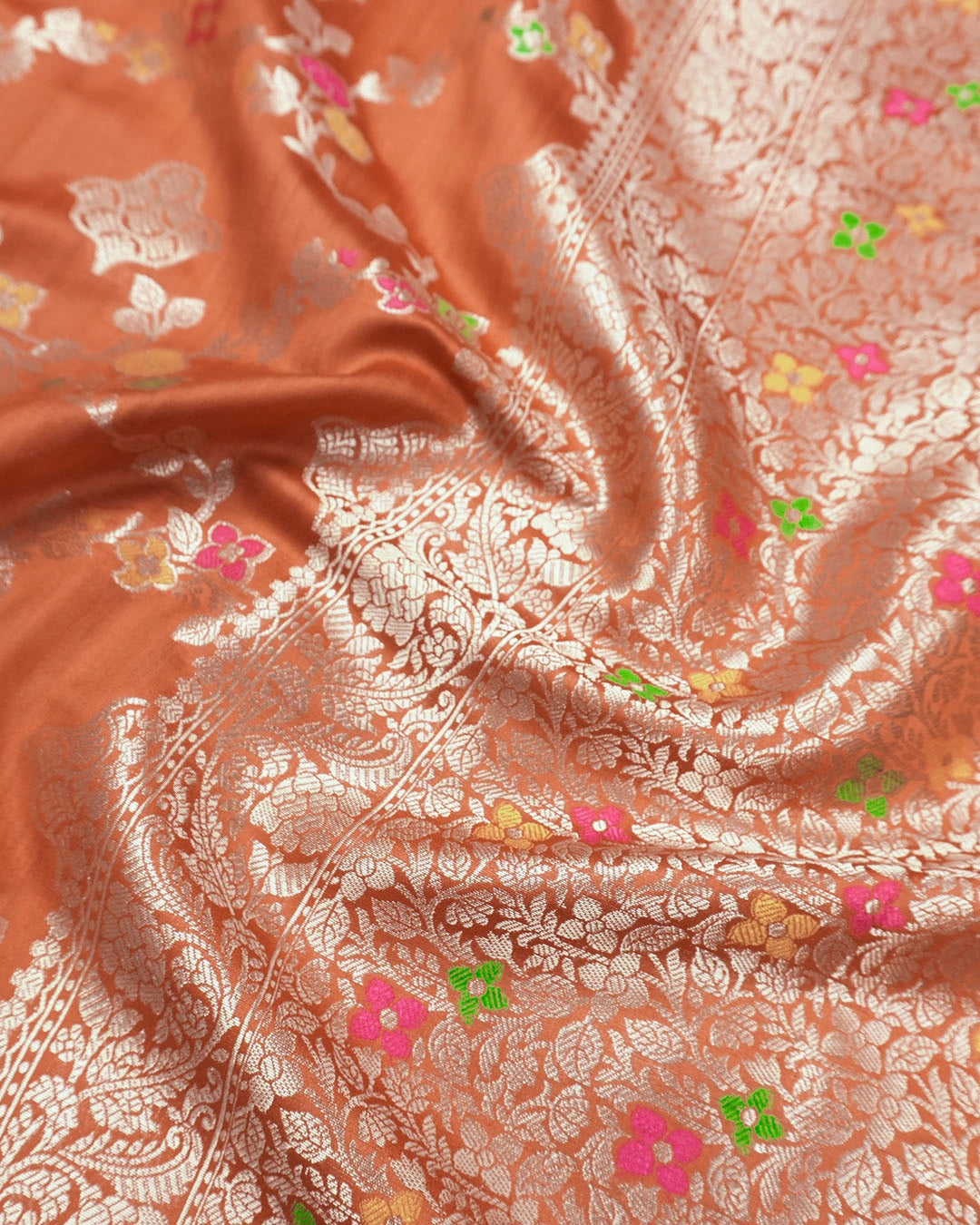 Rust Orange Pure Banarasi Saree with Floral Jaal and Vibrant Meenakari Weaves