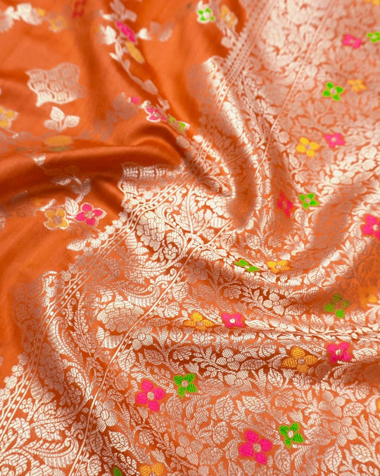 Orange Pure Banarasi Saree with Floral Jaal and Vibrant Meenakari Weaves