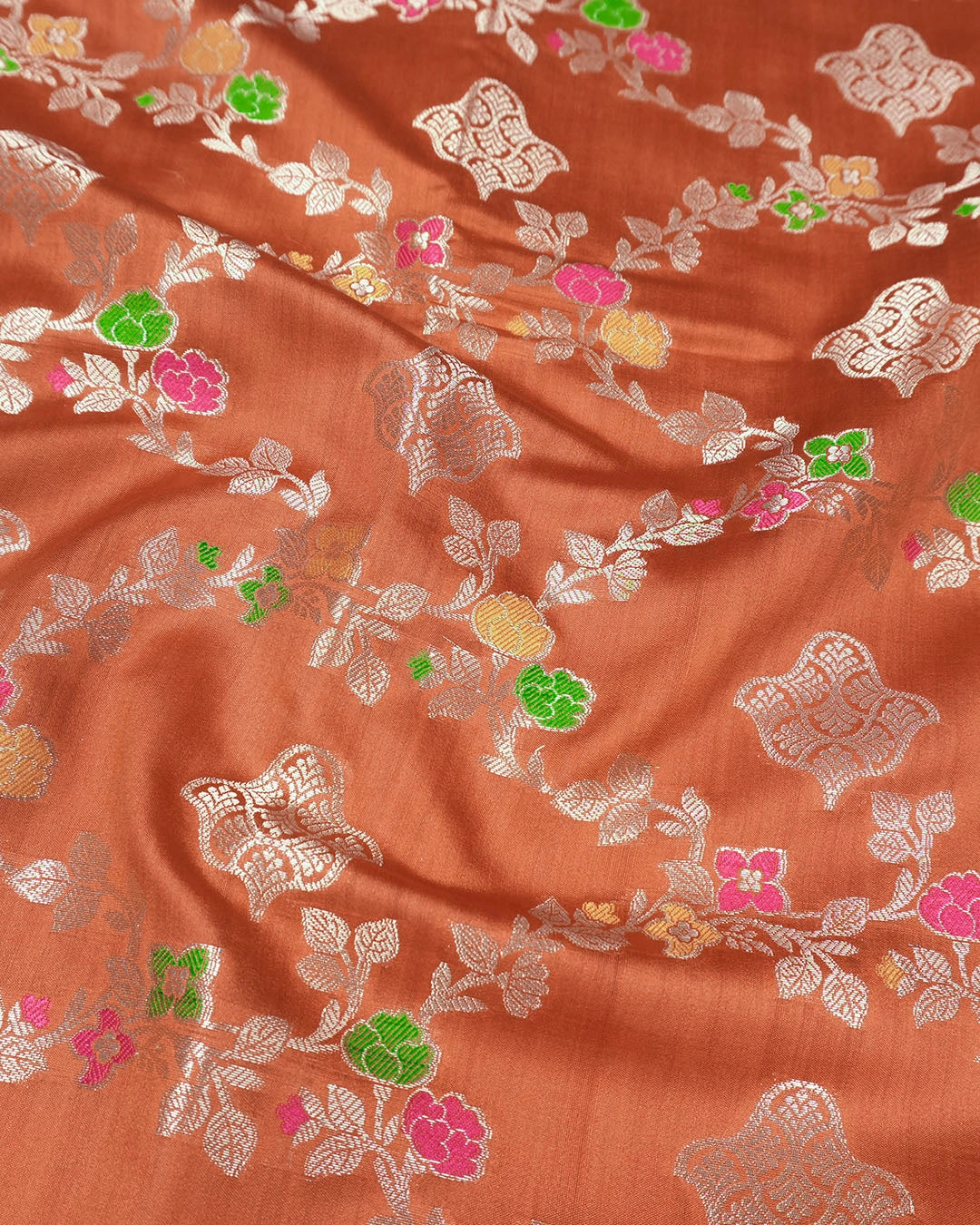 Rust Orange Pure Banarasi Saree with Floral Jaal and Vibrant Meenakari Weaves