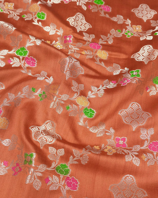 Rust Orange Pure Banarasi Saree with Floral Jaal and Vibrant Meenakari Weaves