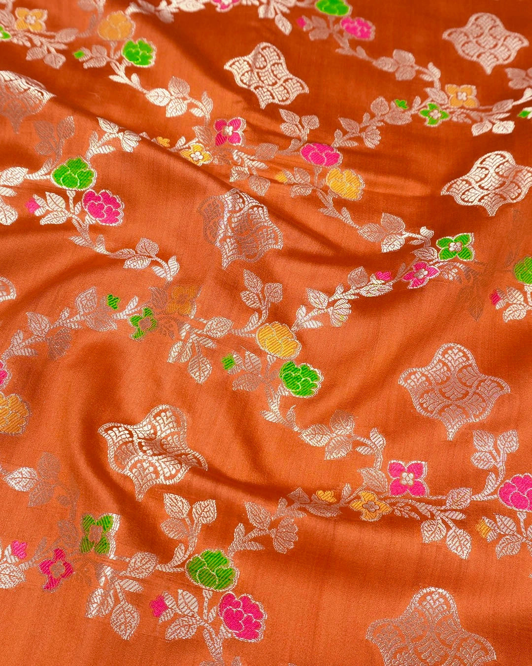 Orange Pure Banarasi Saree with Floral Jaal and Vibrant Meenakari Weaves