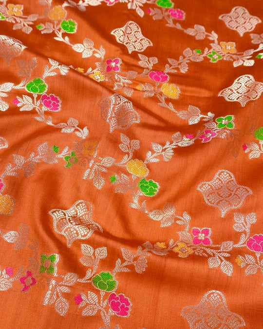 Orange Pure Banarasi Saree with Floral Jaal and Vibrant Meenakari Weaves