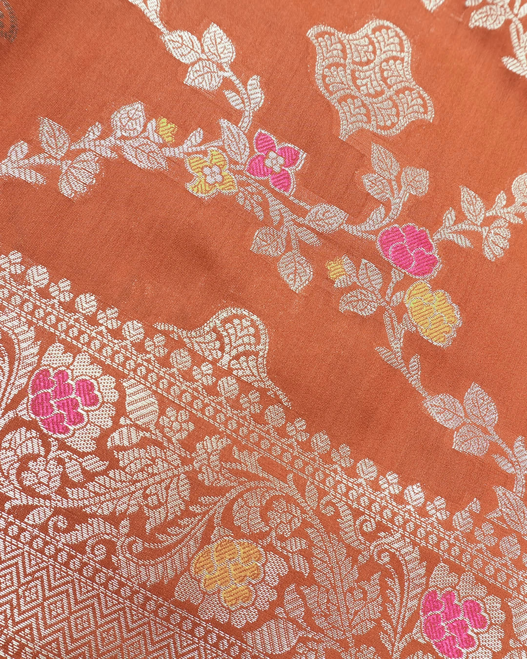 Rust Orange Pure Banarasi Saree with Floral Jaal and Vibrant Meenakari Weaves