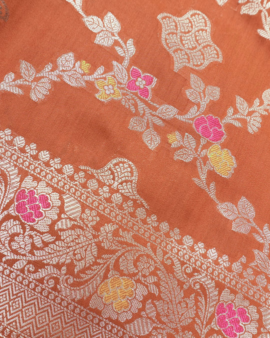 Rust Orange Pure Banarasi Saree with Floral Jaal and Vibrant Meenakari Weaves