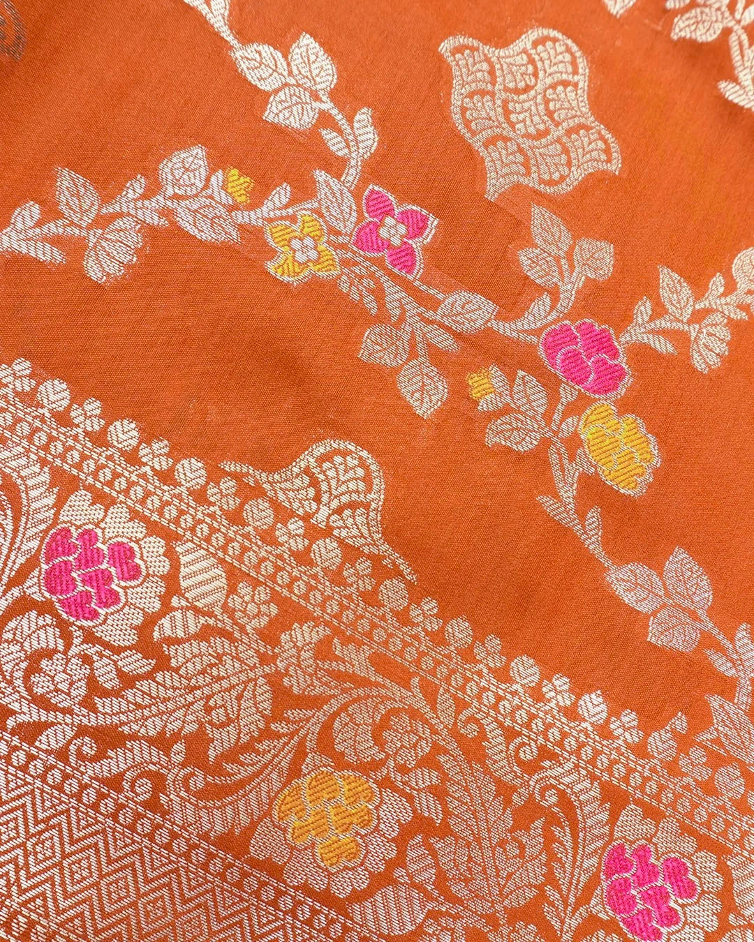 Orange Pure Banarasi Saree with Floral Jaal and Vibrant Meenakari Weaves