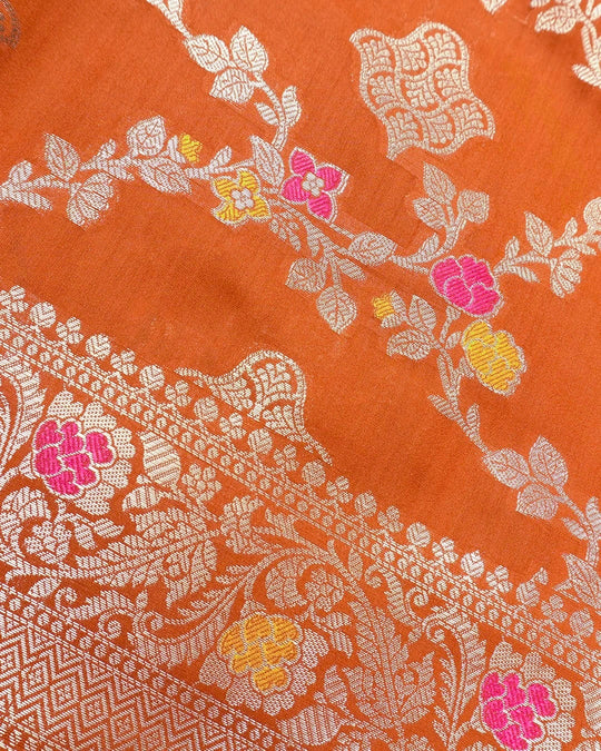 Orange Pure Banarasi Saree with Floral Jaal and Vibrant Meenakari Weaves