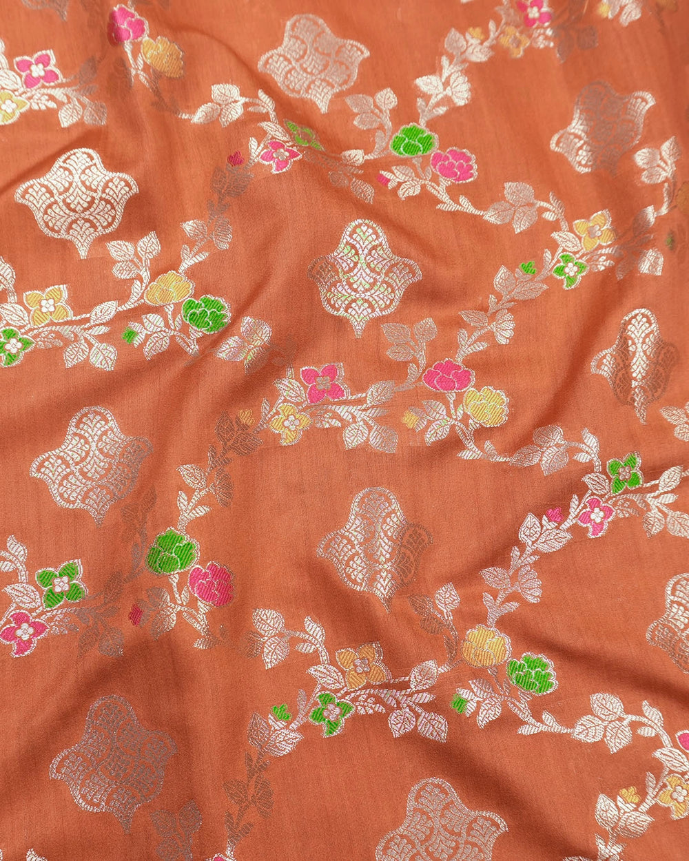 Rust Orange Pure Banarasi Saree with Floral Jaal and Vibrant Meenakari Weaves