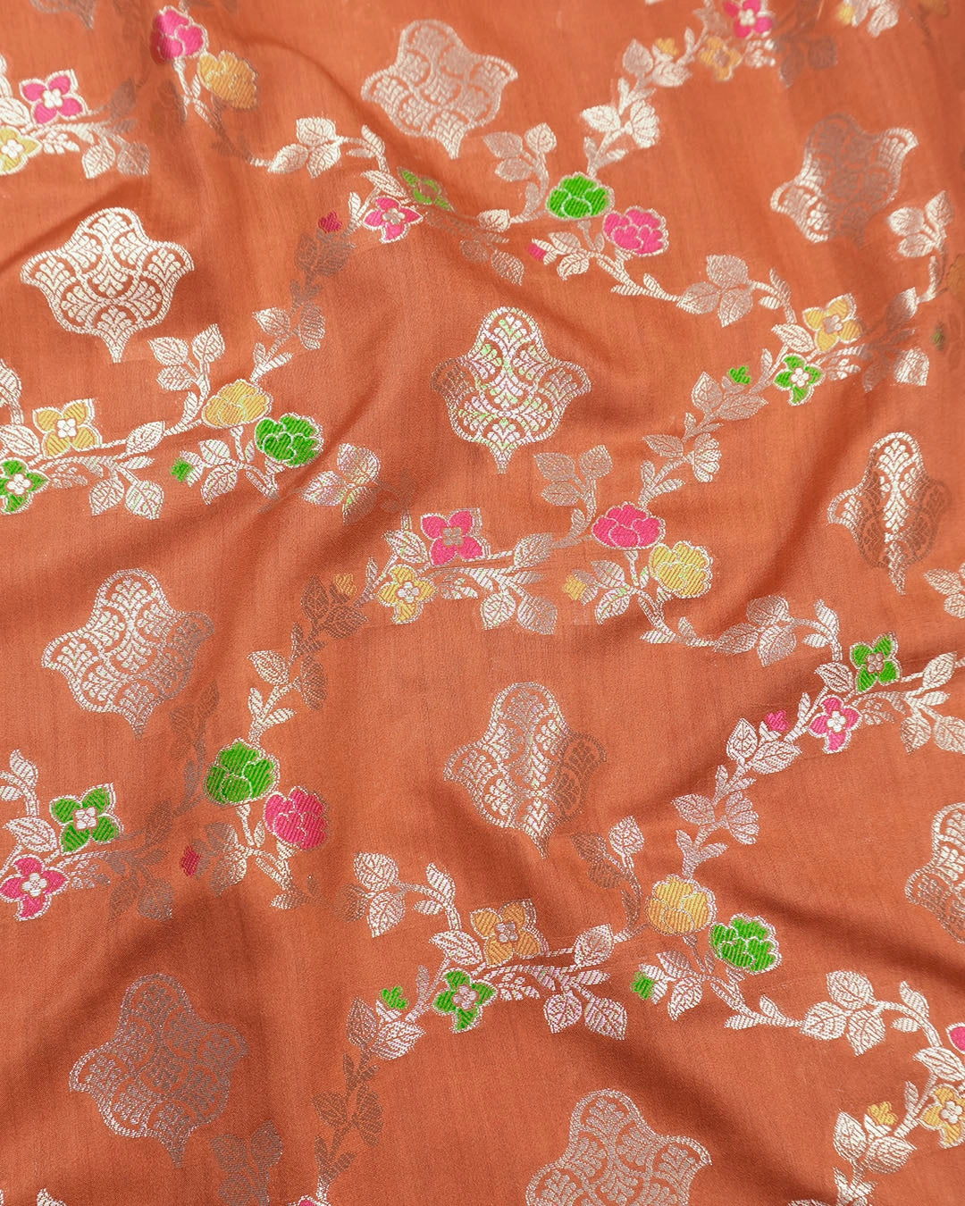 Rust Orange Pure Banarasi Saree with Floral Jaal and Vibrant Meenakari Weaves