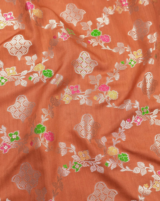Rust Orange Pure Banarasi Saree with Floral Jaal and Vibrant Meenakari Weaves