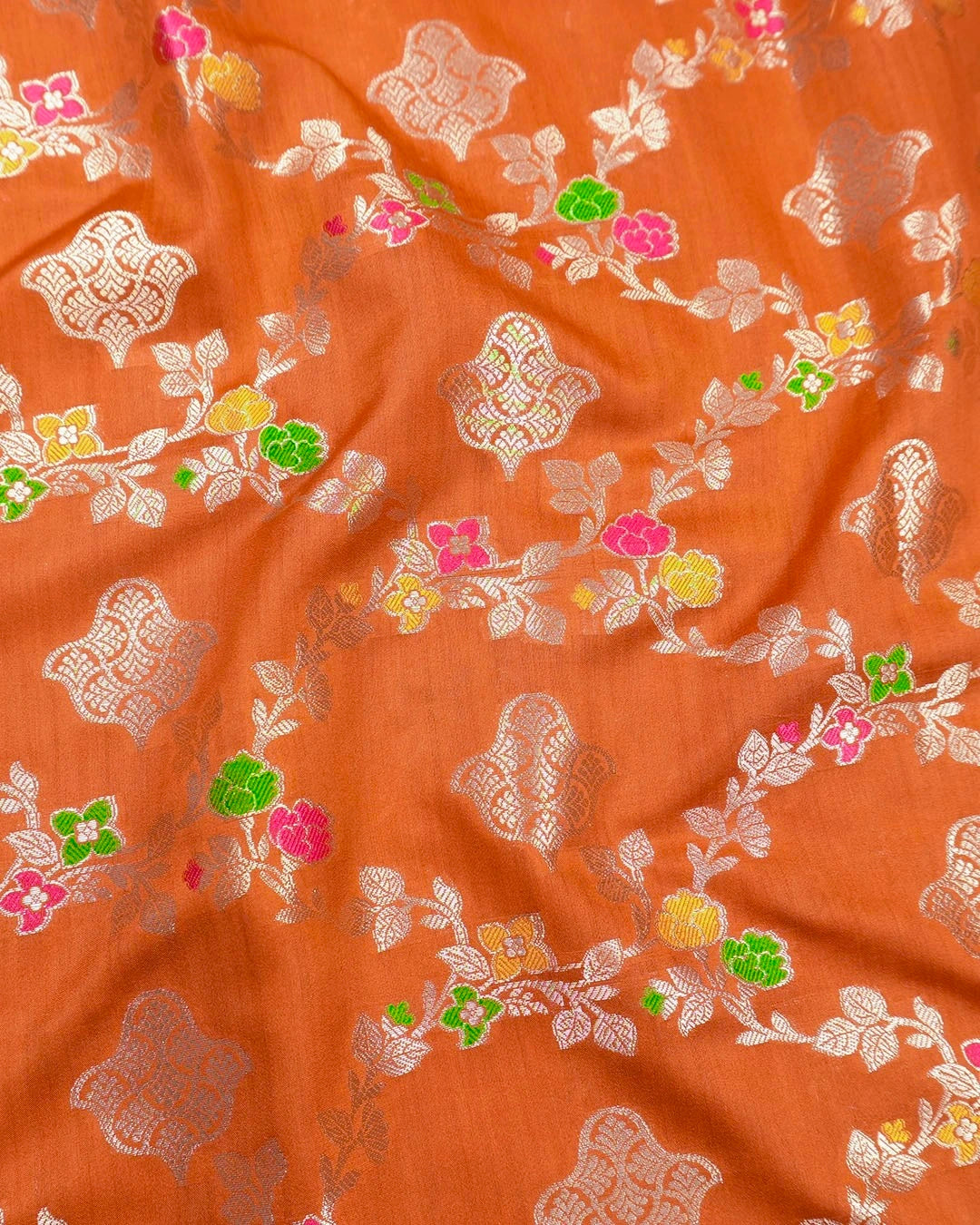 Orange Pure Banarasi Saree with Floral Jaal and Vibrant Meenakari Weaves