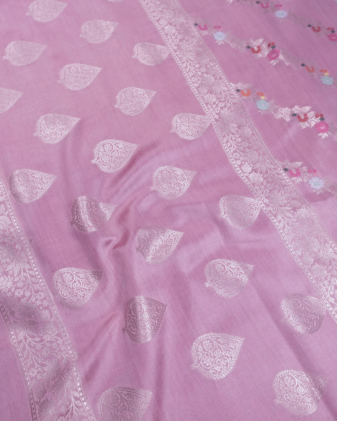 Soft Pink Pure Banarasi Saree with Botanical Meenakari Stripes Weaves