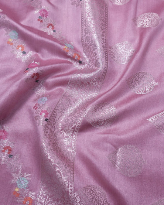 Soft Pink Pure Banarasi Saree with Botanical Meenakari Stripes Weaves