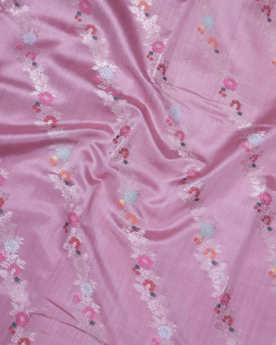 Soft Pink Pure Banarasi Saree with Botanical Meenakari Stripes Weaves