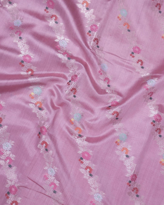 Soft Pink Pure Banarasi Saree with Botanical Meenakari Stripes Weaves