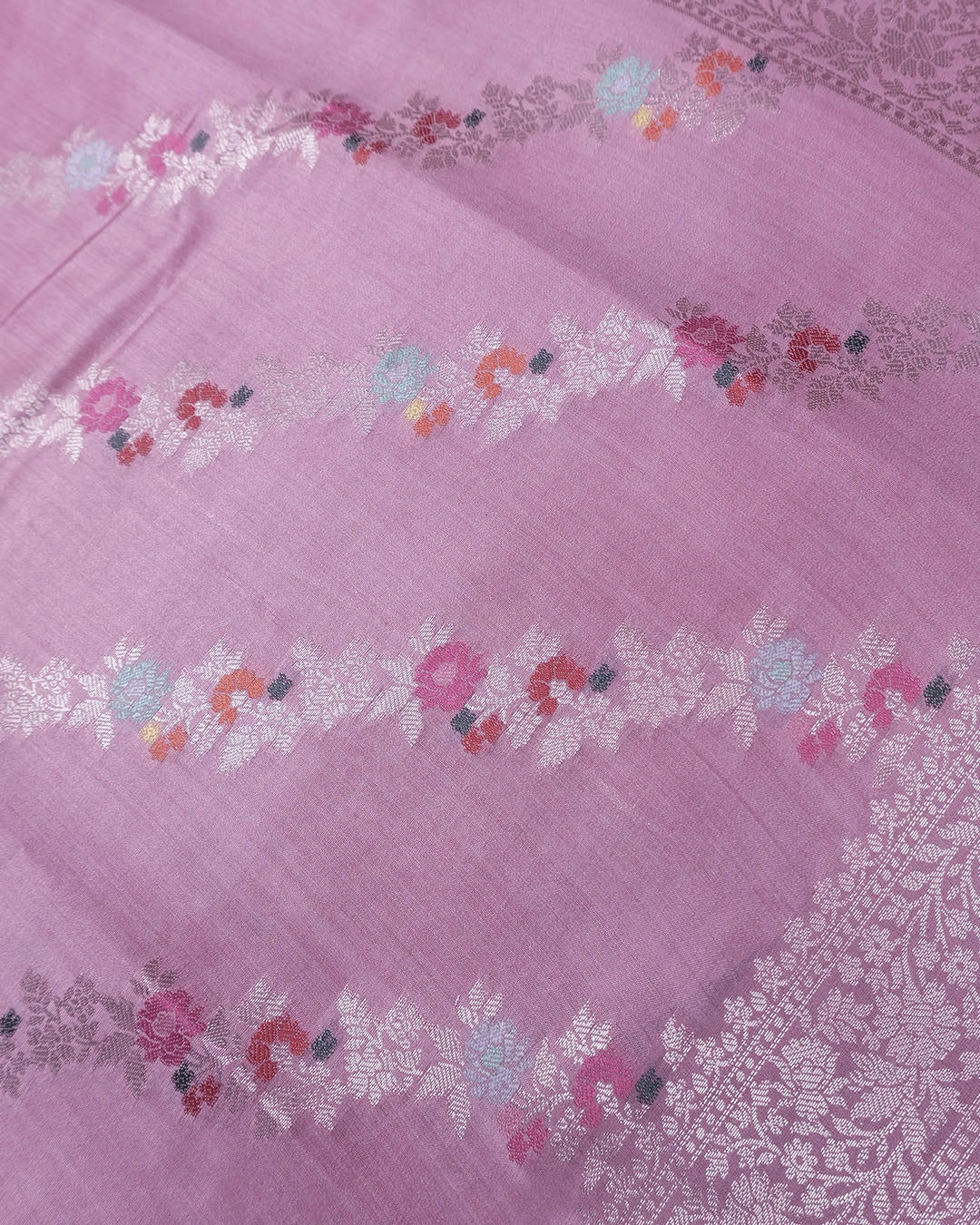 Soft Pink Pure Banarasi Saree with Botanical Meenakari Stripes Weaves