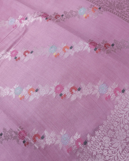 Soft Pink Pure Banarasi Saree with Botanical Meenakari Stripes Weaves