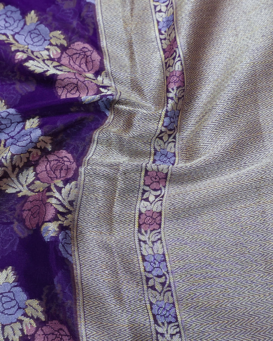 Purple Pure Chiffon Saree with Luxurious Floral Stripe Weaves