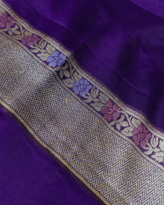 Purple Pure Chiffon Saree with Luxurious Floral Stripe Weaves