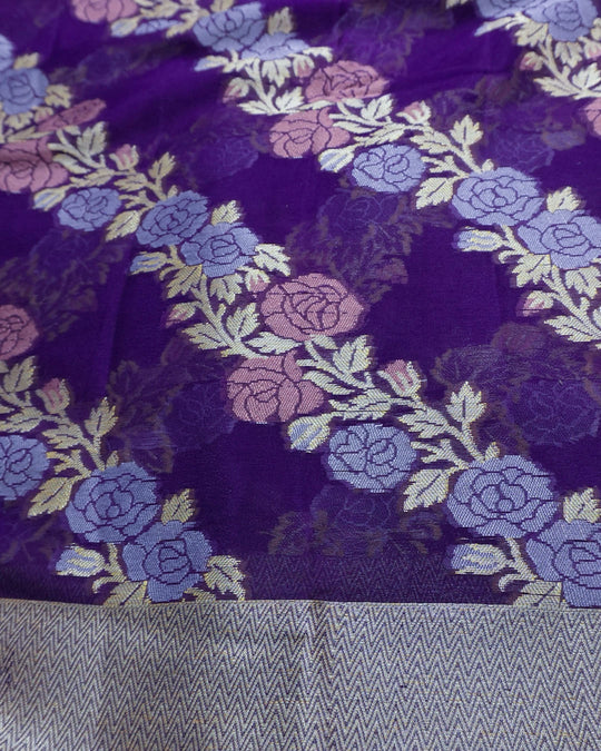 Purple Pure Chiffon Saree with Luxurious Floral Stripe Weaves