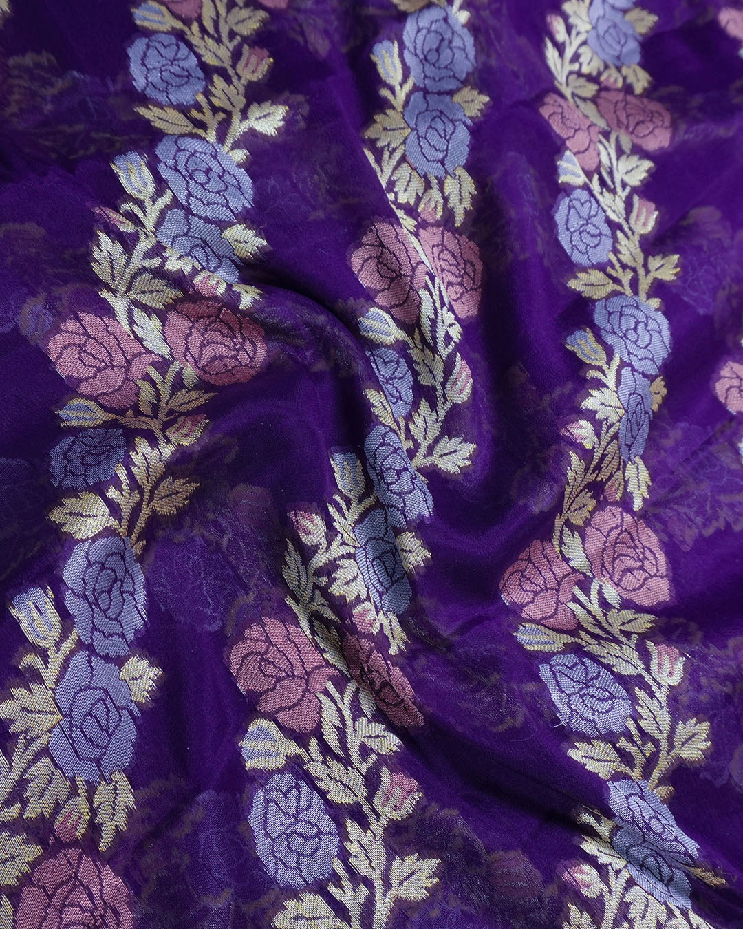 Purple Pure Chiffon Saree with Luxurious Floral Stripe Weaves