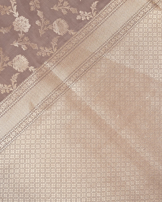 Deep Taupe Pure Katan Saree with Floral Jaal Weaving