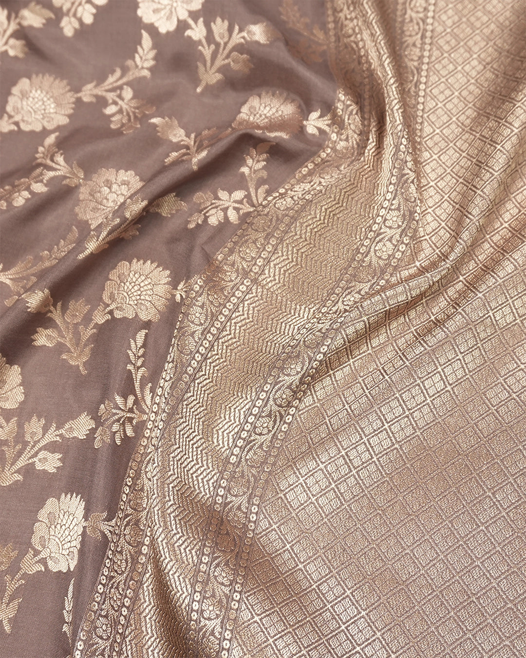 Deep Taupe Pure Katan Saree with Floral Jaal Weaving