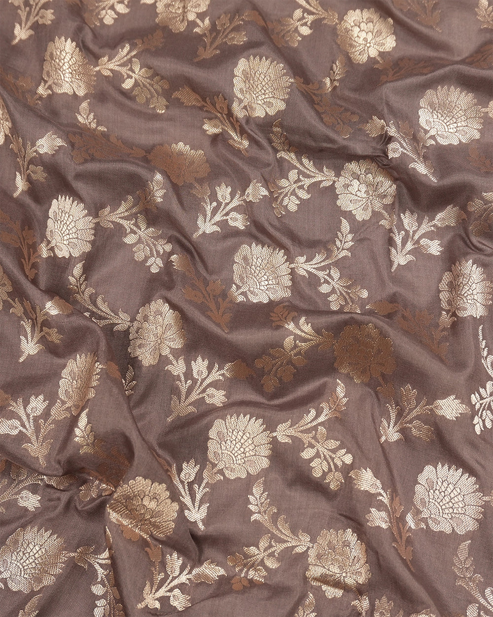 Deep Taupe Pure Katan Saree with Floral Jaal Weaving