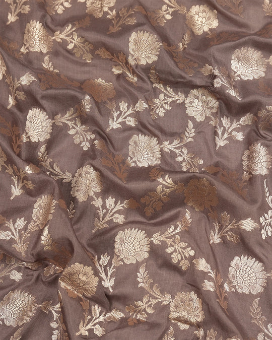 Deep Taupe Pure Katan Saree with Floral Jaal Weaving